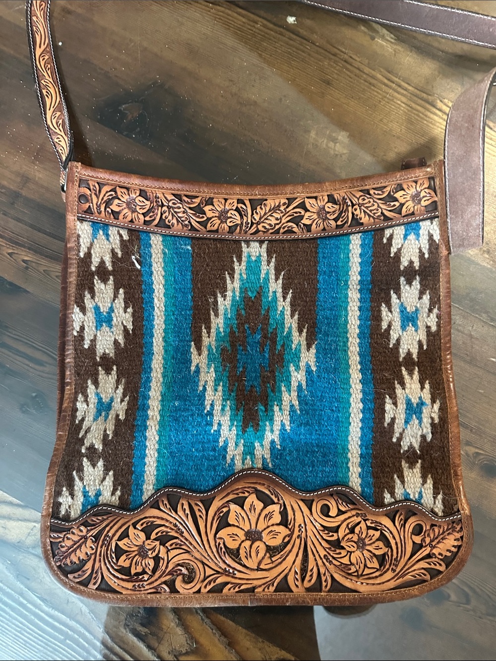 Teal & Brown Southwestern Woven Crossbody with Tooled Leather Trim